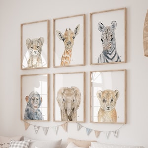 Décoration de chambre d'enfant Safari, impressions de chambre d'enfant Safari, impressions bébé animal pour chambre d'enfant, art mural pour chambre d'enfant, art de chambre d'enfant animaux de safari, lot de 6 impressions