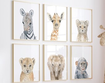 Safari Nursery Decor, Safari Nursery Prints, Baby Animal Prints for Nursery, Nursery Wall Art, Safari Animals Nursery Art, Set of 6 Prints