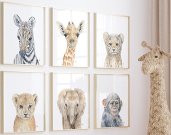 Safari Nursery Decor, Safari Nursery Prints, Baby Animal Prints for Nursery, Nursery Wall Art, Safari Animals Nursery Art, Set of 6 Prints