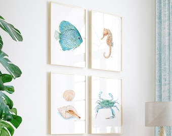 Coastal Prints Beach Decor Set of 4, Ocean Wall Art Nautical Art Sea Paintings, Tropical Fish Crab Seashells Seahorse, Original Watercolors