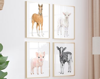Farm Nursery Art Farm Animal Print Set of 4, Baby Animal Nursery Baby Room Girl Boy, Farm Nursery Decor Child Room Art Lamb Horse Cow Pig