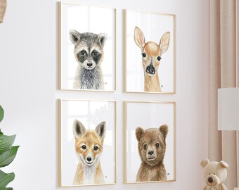 Woodland Nursery Prints Woodland Nursery Art, Woodland Animal Print Baby Animal Prints, Nursery Wall Art Bear Deer Fox Raccoon Portraits 4