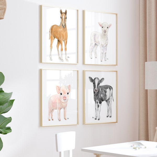 Farm Nursery Art Farm Animal Print Set of 4, Baby Animal Nursery Baby Room Girl Boy, Farm Nursery Decor Child Room Art Lamb Horse Cow Pig