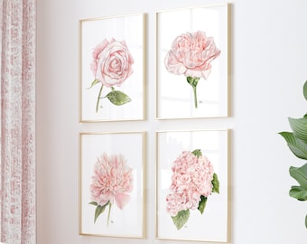 Flower Art Prints Set of 4, Floral Wall Art Watercolor Paintings, Pink Botanical Art Hydrangea Carnation Peony Rose, Original Signed Prints.
