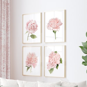 Flower Art Prints Set of 4, Floral Wall Art Watercolor Paintings, Pink Botanical Art Hydrangea Carnation Peony Rose, Original Signed Prints.
