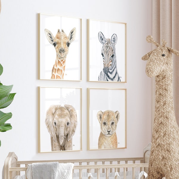 Safari Nursery Decor Safari Nursery Prints 4, Safari Nursery Art Jungle Nursery Wall Art, Baby Animal Portraits Elephant Giraffe Lion Zebra.