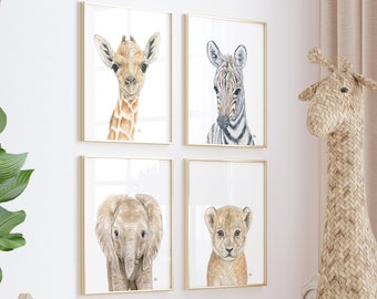 Safari Nursery Decor Safari Nursery Prints 4, Safari Nursery Art Jungle Nursery Wall Art, Baby Animal Portraits Elephant Giraffe Lion Zebra.