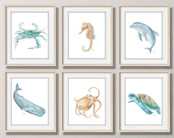 Coastal Art Ocean Art Sea Art Prints Beach Wall Art Tropical Watercolor Sea Life Blue Crab Dolphin Whale Sea Turtle Octopus Seahorse Print 6