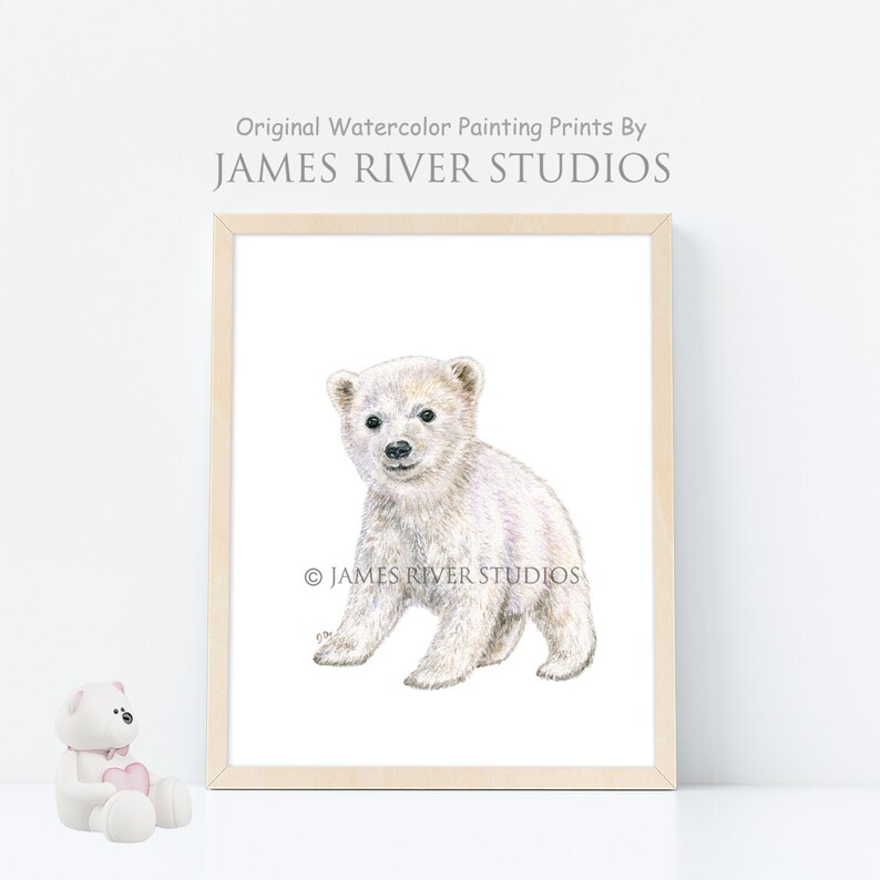 May include: A watercolor painting of a white polar bear cub. The painting is framed in a light wood frame and has the text "JAMES RIVER STUDIOS" at the bottom.