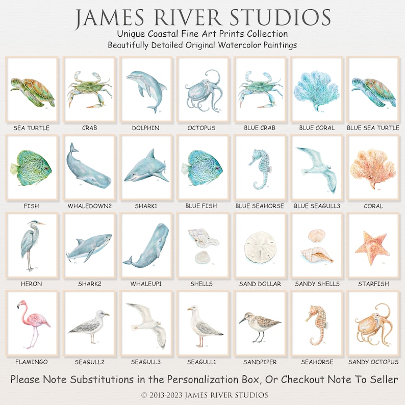 May include: A collection of watercolor paintings featuring various sea creatures and marine life, including a sea turtle, crab, dolphin, octopus, blue crab, blue coral, blue sea turtle, fish, whale, shark, blue fish, blue seahorse, blue seagull, coral, heron, sand dollar, sandy shells, starfish, flamingo, and a sandpiper. The paintings are all in a light blue and white color scheme and are framed in white.