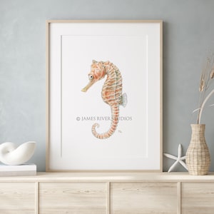 Op de afbeelding: Een aquarel van een zeepaardje met oranje en bruine strepen. Het zeepaardje kijkt naar links en heeft een witte achtergrond. Het schilderij is ingelijst in een licht houten lijst. De tekst "&copy; JAMES RIVER STUDIOS" staat in de rechterbenedenhoek van het schilderij.