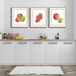 Kitchen Art Kitchen Painting Kitchen Print Kitchen Watercolor Kitchen Fruit Prints Vegetable Wall Art Strawberries Peppers Apples Set of 3. image 2