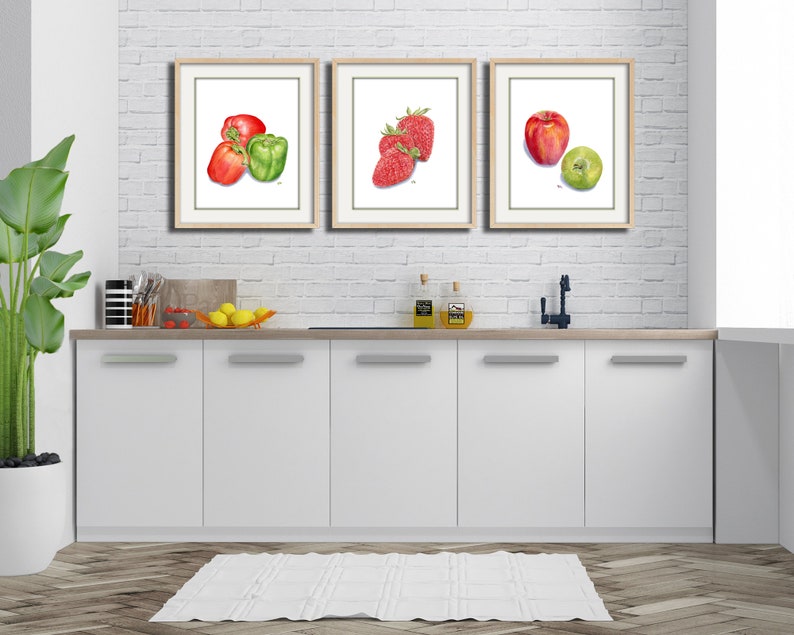 Kitchen Art Kitchen Painting Kitchen Print Kitchen Watercolor Kitchen Fruit Prints Vegetable Wall Art Strawberries Peppers Apples Set of 3. image 2