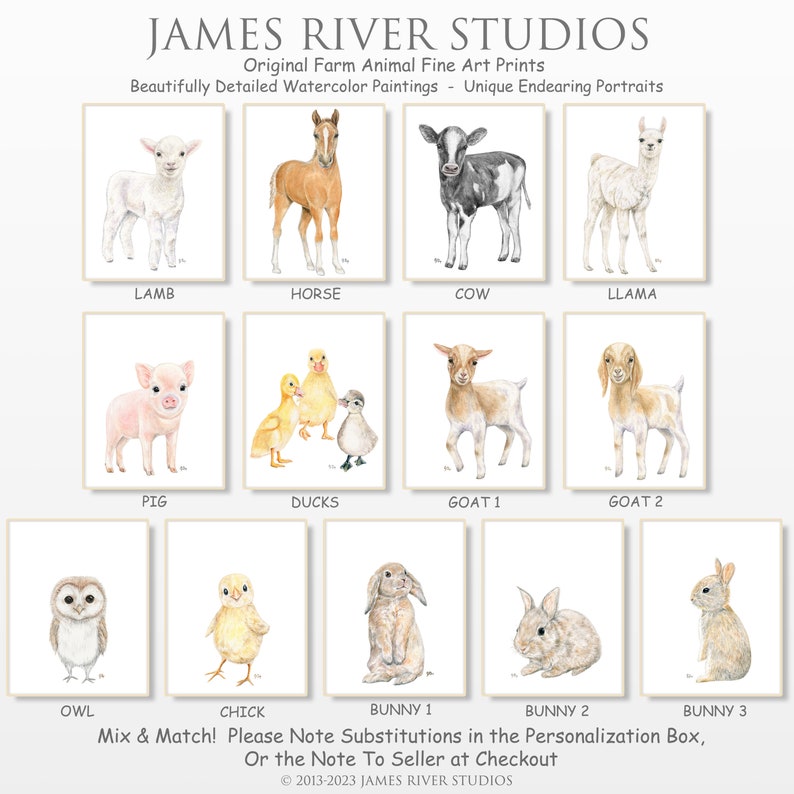 May include: A collection of watercolor paintings featuring various farm animals, including a lamb, horse, cow, llama, pig, ducks, goats, owl, chick, and bunnies. The paintings are all in a white frame and have a white background. The text "Mix & Match! Please Note Substitutions in the Personalization Box, Or the Note To Seller at Checkout" is at the bottom of the image.