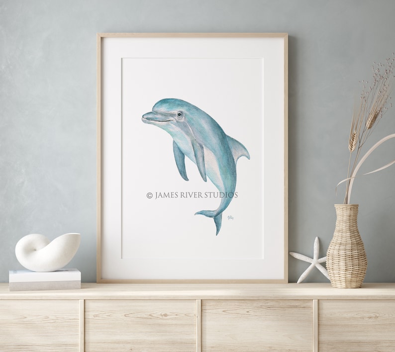 Op de afbeelding: Een aquarel schilderij van een blauwe dolfijn die uit het water springt. De dolfijn kijkt naar rechts en heeft een witte buik. Het schilderij is op een witte achtergrond en heeft de tekst "&copy; JAMES RIVER STUDIOS" in de linkerbenedenhoek.