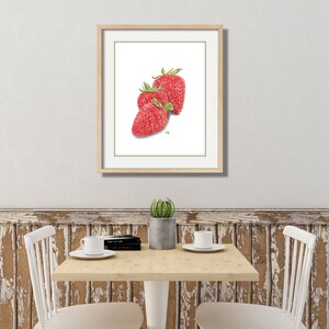 May include: A watercolor painting of three red strawberries with green leaves on a white background. The strawberries are arranged in a vertical line, with the largest strawberry at the top and the smallest strawberry at the bottom.