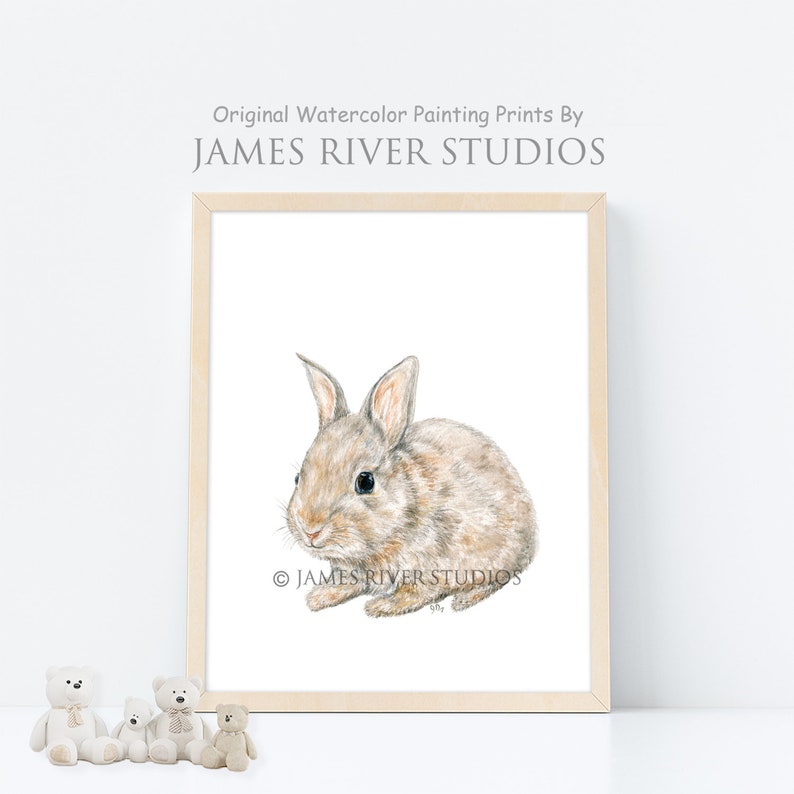 May include: A watercolor painting of a brown bunny rabbit sitting on a white background. The painting is framed in a light wood frame. The artist's signature is visible in the bottom right corner of the painting.