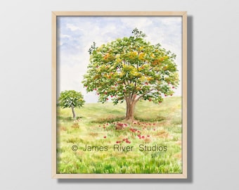 Apple Tree Art Apple Tree Watercolor Painting Print. Apple Tree Landscape Red Apple Tree Art. Apple Orchard Landscape Print Fruit Tree Art.