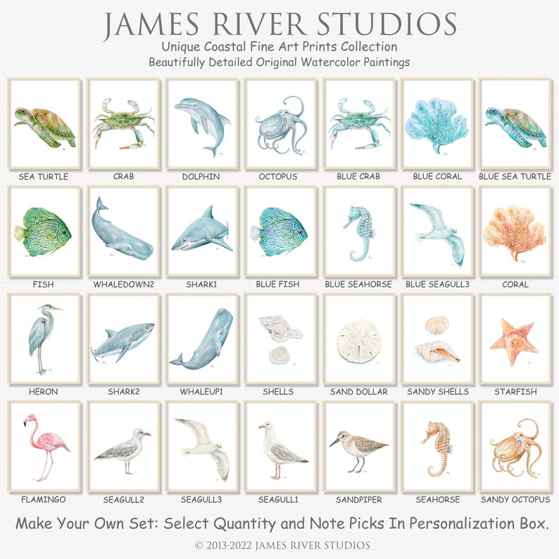 May include: A collection of 18 watercolor paintings featuring various sea creatures and coastal elements. The paintings are arranged in a grid with titles below each image. The titles include: Sea Turtle, Crab, Dolphin, Octopus, Blue Crab, Blue Coral, Blue Sea Turtle, Fish, Whaledown2, Sharki, Blue Fish, Blue Seahorse, Blue Seagull3, Coral, Heron, Shark2, Whaleup1, Shells, Sand Dollar, Sandy Shells, Starfish, Flamingo, Seagull2, Seagull3, Seagull1, Sandpiper, Seahorse, Sandy Octopus. The text "Make Your Own Set: Select Quantity and Note Picks In Personalization Box." is at the bottom of the image.
