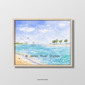 May include: A watercolor painting of a tropical island scene with a sailboat in the distance, palm trees on the shore, and a sandy beach with blue water. The sky is blue with white clouds. The painting is framed in a light wood frame.