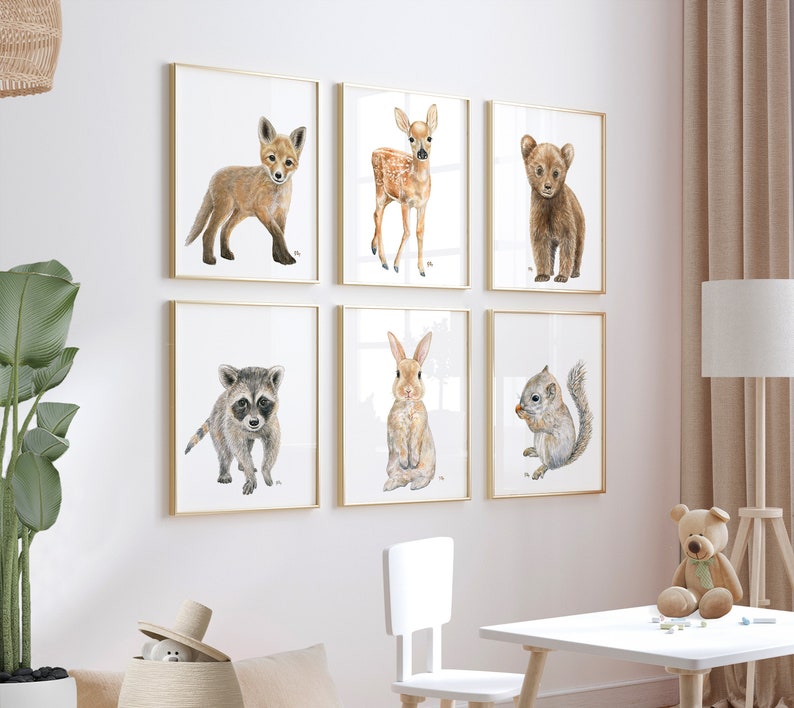 Woodland Nursery Decor, Woodland Nursery Prints, Baby Animal Prints for Nursery, Nursery Wall Art, Woodland Animals Nursery Art Set 6 Prints image 1