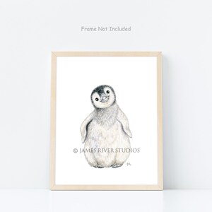 May include: A framed print featuring a watercolor illustration of a baby penguin. The penguin has a black head and back, with a white belly and fluffy gray feathers. The print is in a light wood frame. Text on the print reads "Frame Not Included" and "&copy; JAMES RIVER STUDIOS".