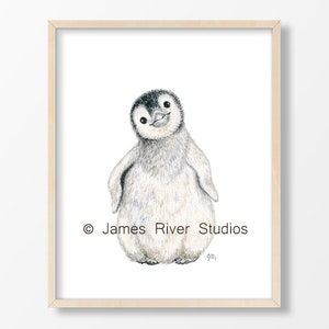 Penguin Painting Penguin Art Penguin Nursery Art Penguin Watercolor Children Print Baby Penguin Chick Black White Arctic Neutral Wall Art.