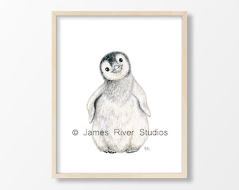 Pintura de pingüino, arte de pingüino, arte infantil de pingüino, impresión de acuarela de pingüino para niños, polluelo de pingüino bebé, arte de pared neutro ártico en blanco y negro.