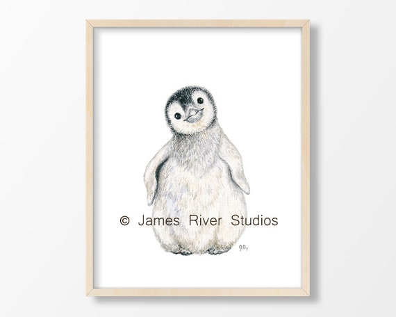 Penguin Painting Penguin Art Penguin Nursery Art Penguin Watercolor Children Print Baby Penguin Chick Black White Arctic Neutral Wall Art.
