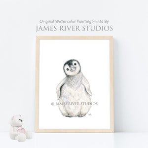 May include: A watercolor painting of a cute penguin chick with black eyes and a black beak. The penguin is standing on a white background with the text "&copy; JAMES RIVER STUDIOS" below it.