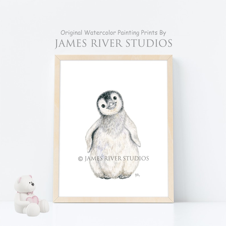 May include: A watercolor painting of a cute penguin chick with black eyes and a black beak. The penguin is standing on a white background with the text "&copy; JAMES RIVER STUDIOS" below it.