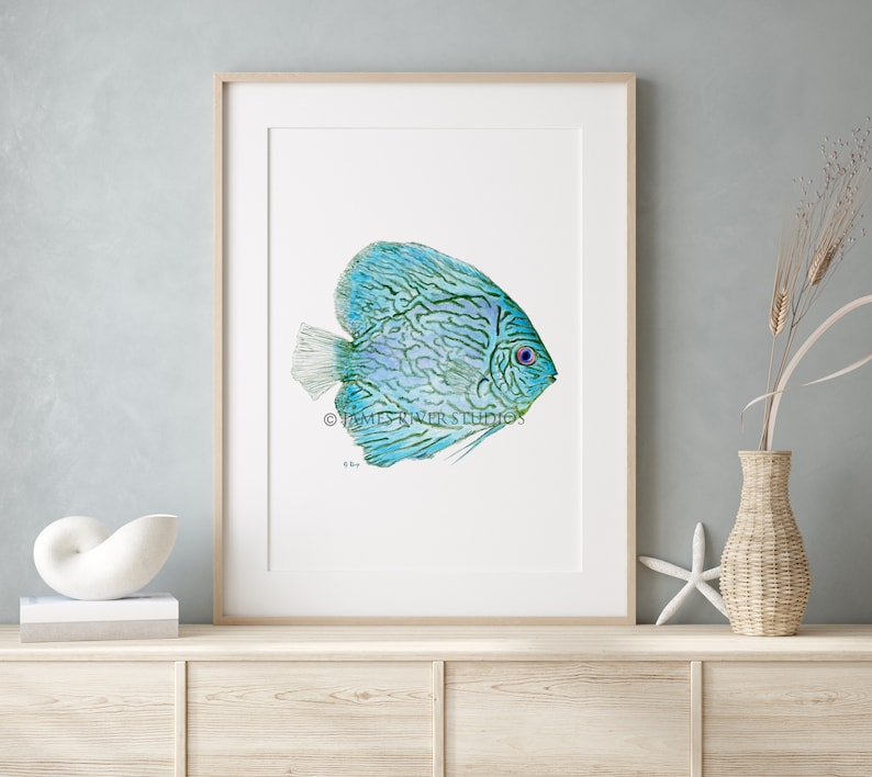 May include: A watercolor painting of a blue and green discus fish with a red eye. The fish is swimming to the right and has a white background.