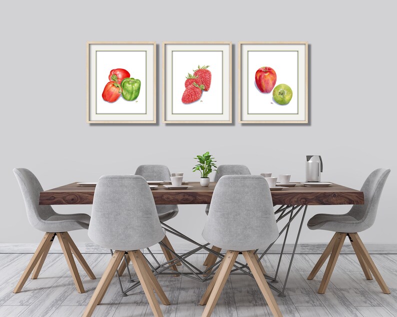 Kitchen Art Kitchen Painting Kitchen Print Kitchen Watercolor Kitchen Fruit Prints Vegetable Wall Art Strawberries Peppers Apples Set of 3. image 1