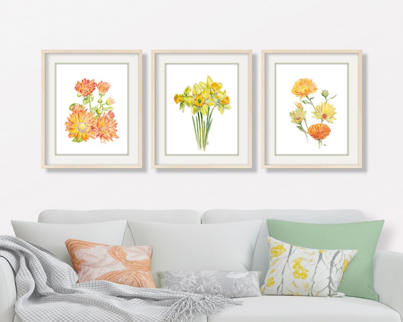 Yellow Flower Painting Flower Watercolor Flower Print Yellow Floral Painting Floral Watercolor Floral Prints Daffodil Coreopsis Mum Set of 3 image 3