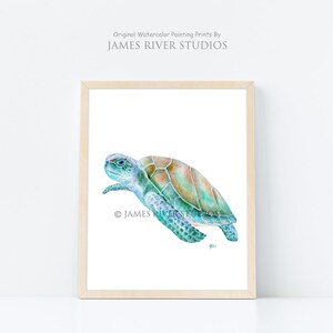 Puede incluir: Pintura acuarela de una tortuga marina nadando en el oc&eacute;ano. La tortuga est&aacute; pintada en tonos de azul, verde y marr&oacute;n. La pintura est&aacute; enmarcada en un marco de madera claro.