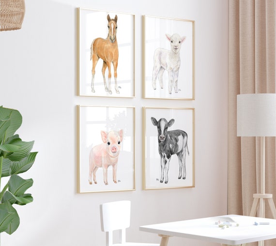 Farm Nursery Art Farm Animal Print Set of 4, Baby Animal Nursery Baby Room Girl Boy, Farm Nursery Decor Child Room Art Lamb Horse Cow Pig