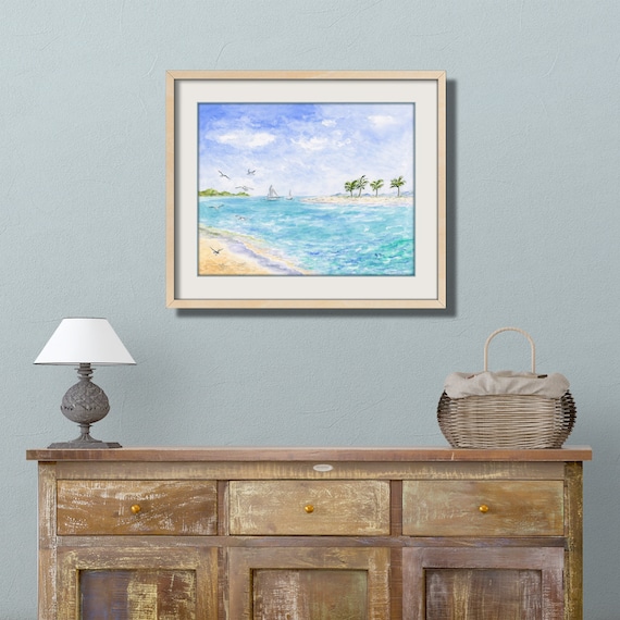 Sailing Beach Painting Beach Art Print. Tropical Beach Watercolor Painting Ocean Painting Seashore Art Island Art Seabird Sailing Art Print.
