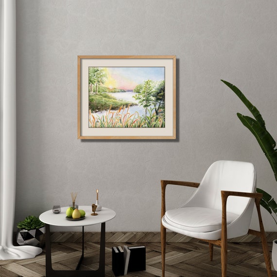 River Landscape Watercolor Art Landscape Watercolor Print. River Watercolor Painting River Watercolor Art River Landscape Art River Sun Art.