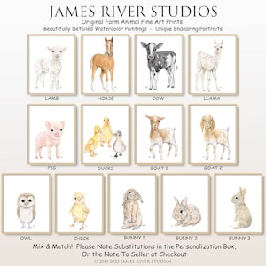 Puede incluir: Una colecci&oacute;n de pinturas de acuarela que representan varios animales de granja, incluyendo un cordero, un caballo, una vaca, una llama, un cerdo, patos, cabras, un b&uacute;ho, un pollito y conejos. Las pinturas est&aacute;n enmarcadas en un marco marr&oacute;n claro y tienen un fondo blanco. El texto "Mix & Match! Please Note Substitutions in the Personalization Box, Or the Note To Seller at Checkout" est&aacute; escrito debajo de las im&aacute;genes. El texto "&copy;2013-2023 JAMES RIVER STUDIOS" est&aacute; escrito en la parte inferior de la imagen.