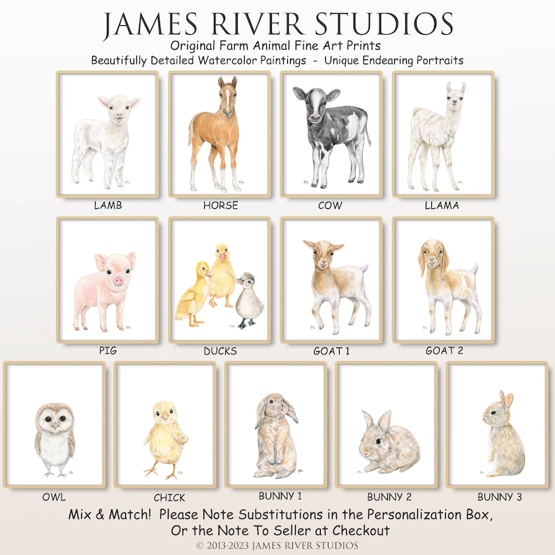 Puede incluir: Una colecci&oacute;n de pinturas de acuarela que representan varios animales de granja, incluyendo un cordero, un caballo, una vaca, una llama, un cerdo, patos, cabras, un b&uacute;ho, un pollito y conejos. Las pinturas est&aacute;n enmarcadas en un marco marr&oacute;n claro y tienen un fondo blanco. El texto "Mix & Match! Please Note Substitutions in the Personalization Box, Or the Note To Seller at Checkout" est&aacute; escrito debajo de las im&aacute;genes. El texto "&copy;2013-2023 JAMES RIVER STUDIOS" est&aacute; escrito en la parte inferior de la imagen.