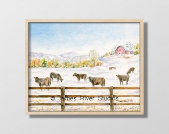 Winter Farm Landscape Farm Painting Farm Watercolor. Farm Art Farm Print Cow Art Cow Painting Barn Art Painting Farm Wall Decor Cows Print