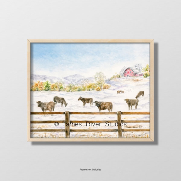 Winter Farm Landscape Farm Painting Farm Watercolor. Farm Art Farm Print Cow Art Cow Painting Barn Art Painting Farm Wall Decor Cows Print