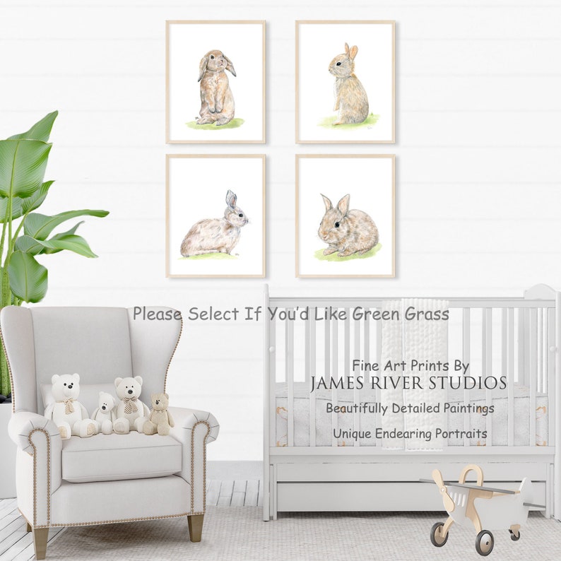 May include: Set of four watercolor paintings featuring brown rabbits in various poses. The paintings are framed and displayed on a white wall. The text "Please Select If You'd Like Green Grass" is visible below the paintings.