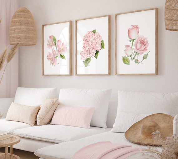 Flower Prints Floral Prints Set of 3, Pink Flower Art Floral Wall Art Flower Home Decor, Pink Floral Rose Hydrangea Lily Original Flower Art