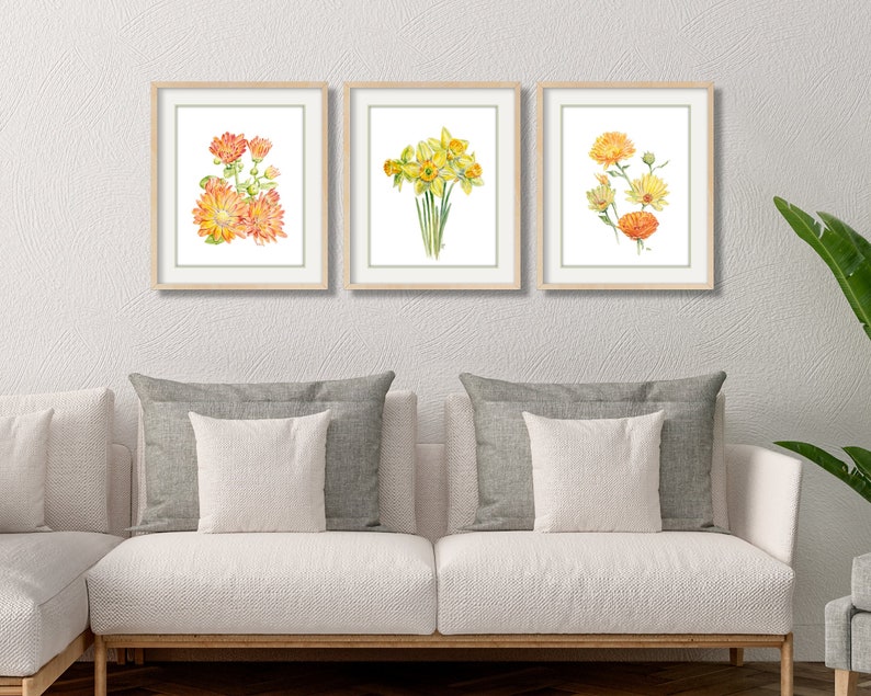 Yellow Flower Painting Flower Watercolor Flower Print Yellow Floral Painting Floral Watercolor Floral Prints Daffodil Coreopsis Mum Set of 3 image 1