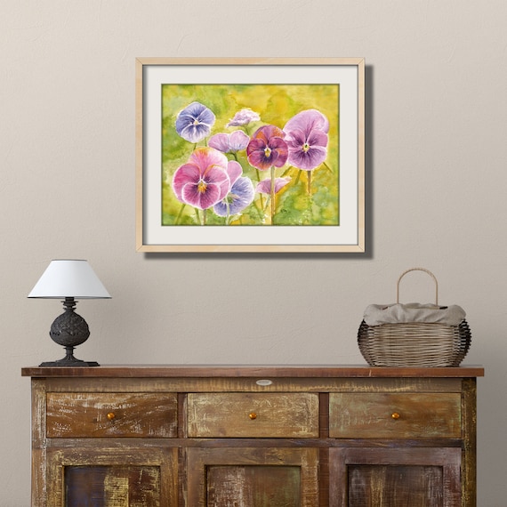 Pansy Painting Pansy Art Print, Pansy Watercolor Pansy Print Purple Pansies Blue Pansy Decor Pansy Wall Art, Original Art Signed By Artist.