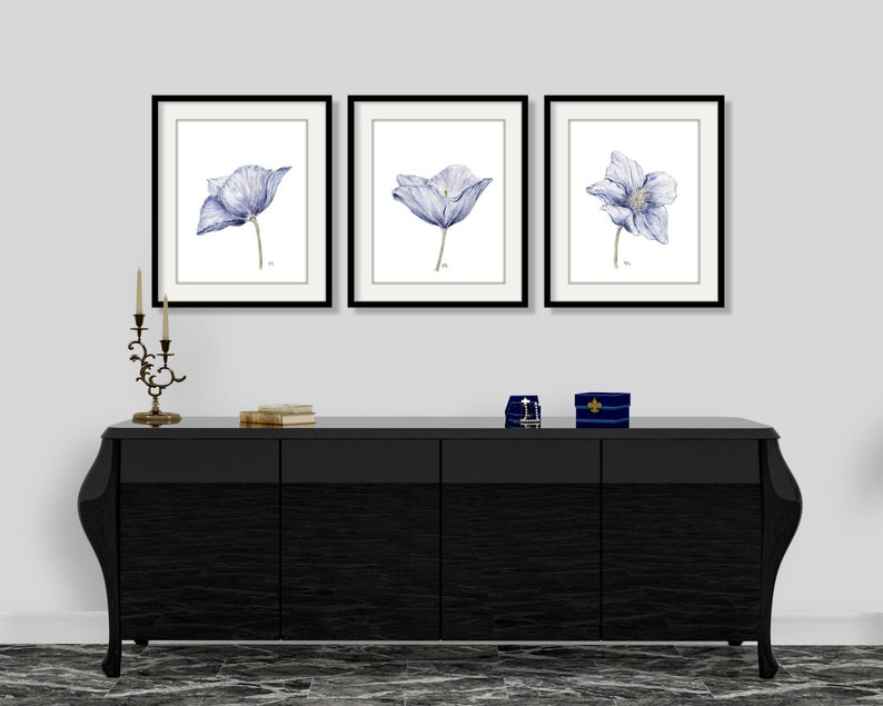 Puede incluir: Tres impresiones enmarcadas de flores de amapola azul en acuarela sobre un fondo blanco. Las impresiones se muestran en una c&oacute;moda negra con un candelero dorado y dos cajas azules.