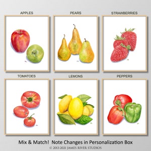 May include: Six watercolor illustrations of different fruits and vegetables. The illustrations are arranged in a grid of two rows and three columns. The top row shows apples, pears, and strawberries. The bottom row shows tomatoes, lemons, and peppers.