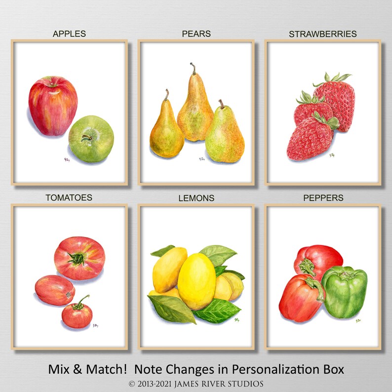 May include: Six watercolor illustrations of different fruits and vegetables. The illustrations are arranged in a grid of two rows and three columns. The top row shows apples, pears, and strawberries. The bottom row shows tomatoes, lemons, and peppers.