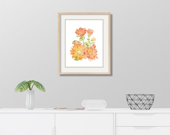 Chrysanthemum Art Chrysanthemum Print Chrysanthemum Decor Yellow Orange Mums Painting Mums Art Mums Wall Art Flower Floral Watercolor Print.